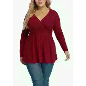 TIANZHU Long Sleeve V-Neck Ruched Tunic Top Dark Red NWT Size 5XL